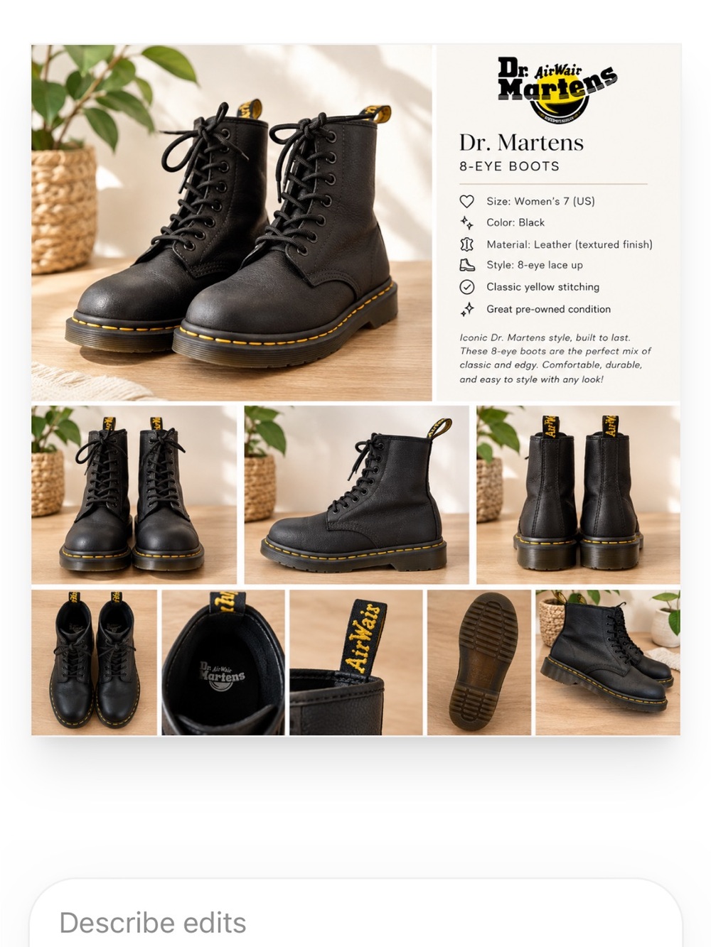 Dr. Martens Women’s 7 Black Leather Lace-Up Boots with Yellow Stitching